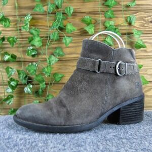 Born Gray Suede Leather Ankle Boots Womens 6.5M‎ Buckle Accent Block Heel